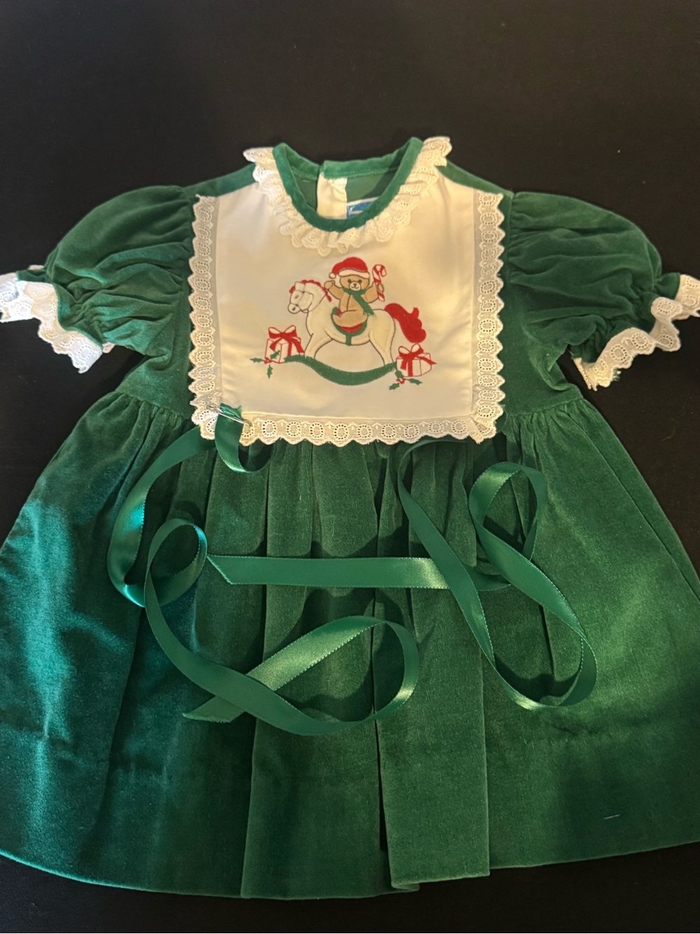 Vintage Kids Green Velvet Holiday Dress with Embroidered Bib